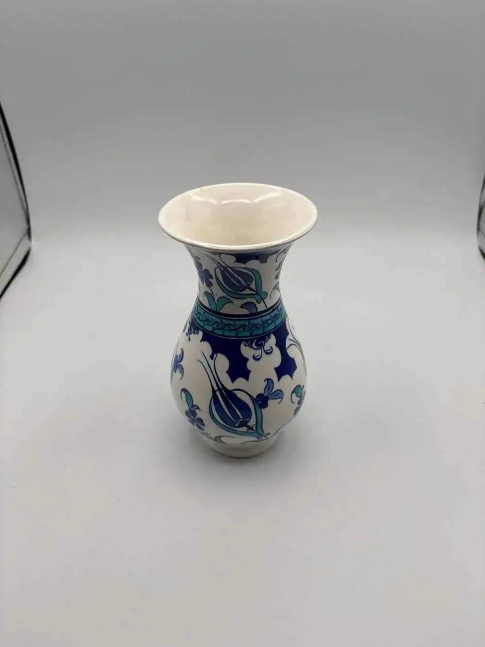Hand Painted Turkish Ceramic Iznik Bud Vase Blue Floral Tulip Pattern